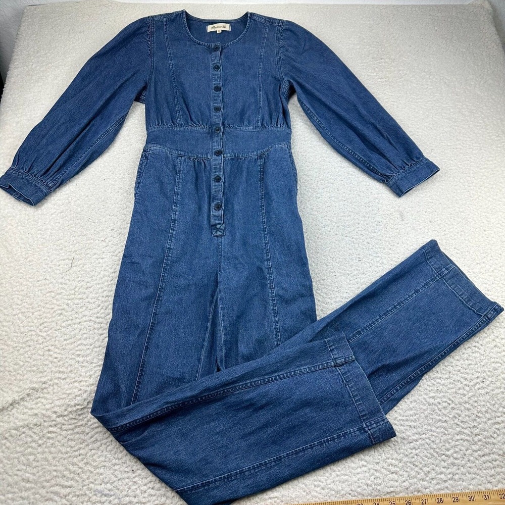 Madewell Jumpsuit Womens 00 Denim Cinched Waist Straight-Leg Puffed Sleeves Blue